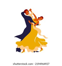 Dancing couple. Waltz. Vector illustration of professional ballroom dancers for poster, banner. International tournament. European Program. Isolated on white background.