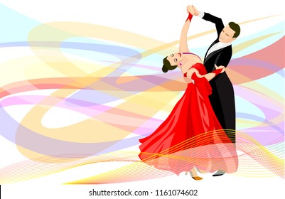 Dancing couple. Woman in red dress and a man in a black costume. Wave shaped elements on back.