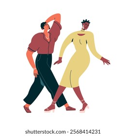 Dancing couple. Young man and woman, two dancers partners, enjoying movements to music, moving together in pair. Modern happy characters. Flat vector illustration isolated on white background