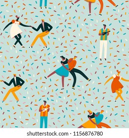 Dancing couples in 50s retro style seamless pattern in vector. Cartoon characters illustration.
