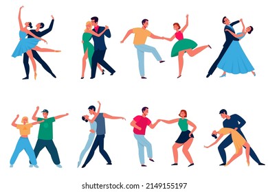 Dancing couples. Cartoon professional dancers characters, men and women in performing outfits. Modern types dance latin and tango, waltz and disco. People in ballroom, music party vector set