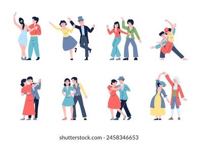 Parejas bailarinas. Los bailarines llevan diferentes trajes, salón de baile y bailes modernos. Hombres y mujeres bailan, pareja feliz en vals y hip hop, set de Vector reciente