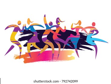 Fiesta discoteca para parejas bailarinas.
Expresiva ilustración de tres parejas bailando disco. Vector disponible