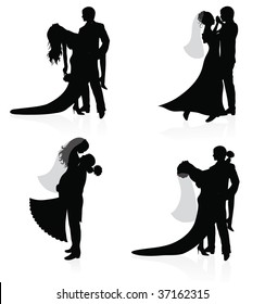 Dancing couples of a groom and a bride.