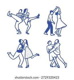 Casais de dança ilustrações de arte de linha fundo azul