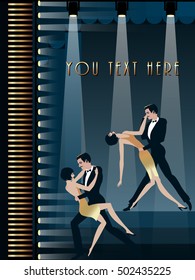 Dancing Couples On The Dancefloor. Retro Party Hand Drawing Invitation Card. Art Deco Style.