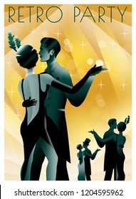 Dancing couples at a party in the style of the early 20th century. Retro party invitation card. Handmade drawing vector illustration. Art Deco style.