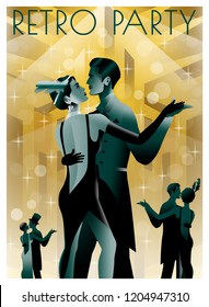 Dancing couples at a party in the style of the early 20th century. Retro party invitation card. Handmade drawing vector illustration. Art Deco style.