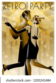 Parejas bailarinas en una fiesta de principios del siglo XX. Tarjeta de invitación de fiesta retro. Ilustración vectorial de dibujo hecha a mano. De estilo art déco.