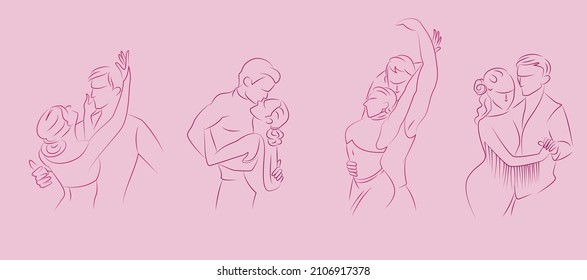 Dancing couples. Passionate dance, people in love in vector line style. Beauty salon and dancing studio logo. Valentine's day scenes.