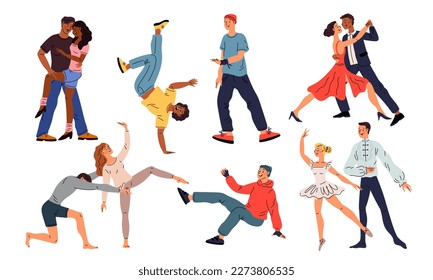 Dancing couples. Performing characters. Men and women in stage costumes. Modern sport dances. Ballroom choreography. Ballet and tango dancers. Club entertainment. Garish