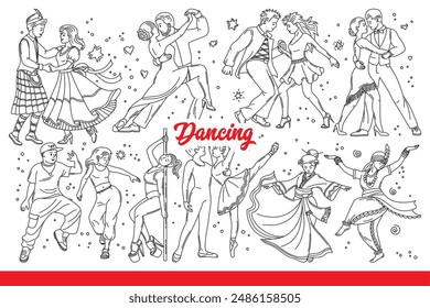 Dancing couples performing folk or popular club dances, at parties and festivals. Dancing men and women move energetically while enjoying active hobby alone or together. Hand drawn doodle