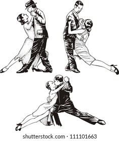 Dancing couples. Set of black and white vector illustrations.