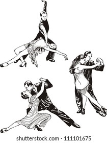 Dancing couples. Set of black and white vector illustrations.