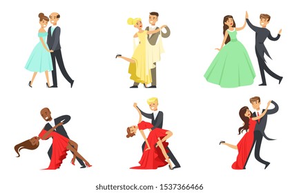 Dancing Couples Set, Male and Female Dancers Performing Classical Dances Vector Illustration