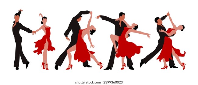 Dancing couples set. Man and woman dancing tango or waltz. Red and black design. Illustration, vector