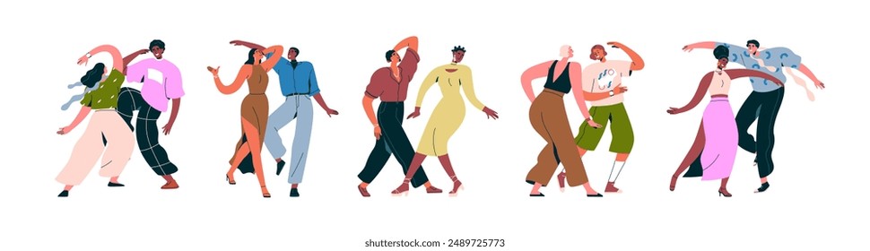 Conjunto de parejas bailando. Compañeros modernos de hombres y mujeres en la fiesta disco. Jóvenes felices mudándose a la música. Enérgicos personajes femeninos y masculinos. Ilustración vectorial plana aislada sobre fondo blanco