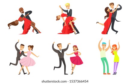 Dancing Couples Set, Professional Dancers Performing Classical Dances Vector Illustration