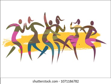 Dancing couples summer disco party. 
Expressive colorful illustration of three disco dancing couples. Vector available. 