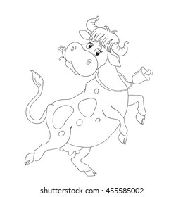 Dancing Cow for coloring book. Cheerful cartoon character cow. Vector isolated.