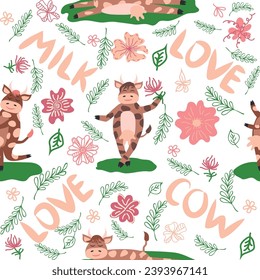 Vaca bailando en la pradera adorable patrón sin costura, salpicaduras de leche y la inscripción Leche, Vaca, Amor. Estilo plano para el diseño textil, de embalaje