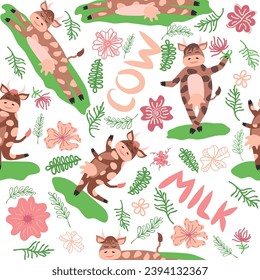 Dancing cow in the meadow cute seamless pattern, splashes of milk and the inscription Milk, Cow, Love. Flat style for textile, packaging design