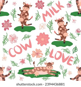 Dancing cow in the meadow cute seamless pattern, splashes of milk and the inscription Milk, Cow, Love. Flat style for textile, packaging design