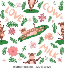 Dancing cow in the meadow cute seamless pattern, splashes of milk and the inscription Milk, Cow, Love. Flat style for textile, packaging design