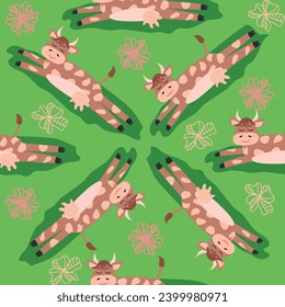 Dancing cow in the meadow cute seamless pattern, splashes of milk and the inscription Milk, Cow, Love. Flat style for textile, packaging design