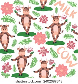 Dancing cow in the meadow cute seamless pattern, splashes of milk and the inscription Milk, Cow, Love. Flat style for textile, packaging design