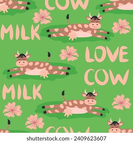 Dancing cow in the meadow cute seamless pattern, splashes of milk and the inscription Milk, Cow, Love. Flat style for textile, packaging design