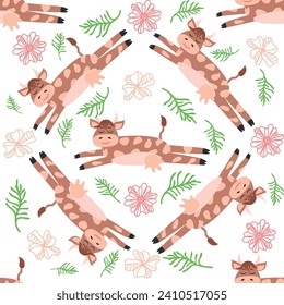 Dancing cow in the meadow cute seamless pattern, splashes of milk and the inscription Milk, Cow, Love. Flat style for textile, packaging design