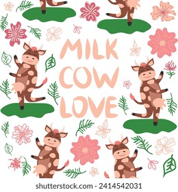 Dancing cow in the meadow cute seamless pattern, splashes of milk and the inscription Milk, Cow, Love. Flat style for textile, packaging design