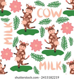 Dancing cow in the meadow cute seamless pattern, splashes of milk and the inscription Milk, Cow, Love. Flat style for textile, packaging design