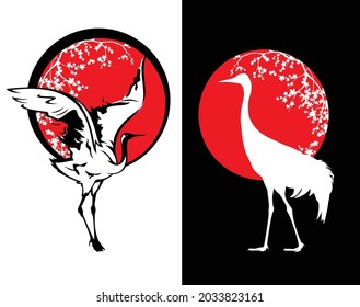 dancing crane bird and blooming sakura branches against red sun - japanese nature symbol vector design