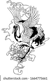 Dancing crane with red sun and water lily flower. Japanese red crowned bird. Black and white Tattoo. Isolated vector illustration