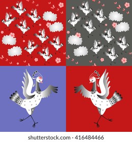 Dancing cranes. Set of vector illustration.  Two seamless pattern and pictures with cute cartoon birds. Asian traditional background.