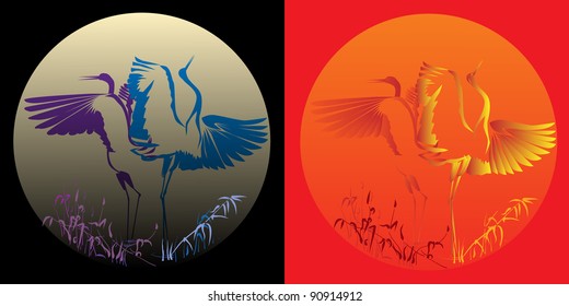 Dancing cranes silhouettes (Symbol of prosper) against orange sun and moon.