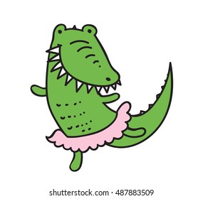 Dancing crocodile animal in pink ballet skirt. Vector illustration