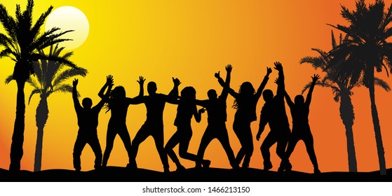 Dancing crowd of people at beach party at sunrise. Vector illustration