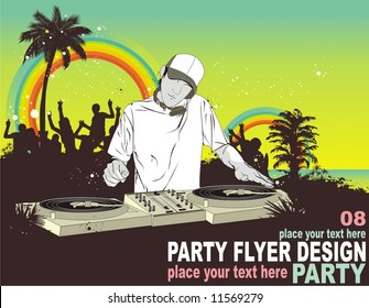 dancing crowd under the rainbow with ,dj mixing music ,palm trees ,illustration