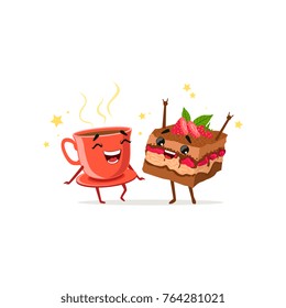 Dancing cup of coffee and piece of cake with strawberry. Food and drink characters having fun. Vector flat cartoon illustration