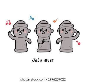 Dancing cute Dolhareubang (traditional stone statue in Jeju Island, Korea). Jeju Island concept vector illustration.