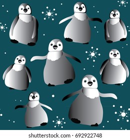 Dancing cute penguins with snowflakes seamless pattern. Vector illustration on dark blue background