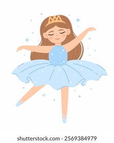 Dancing cute princess ballerina in a blue dress. Flat vector illustration.