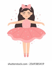 Dancing cute princess ballerina in a pink dress. Flat vector illustration.