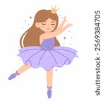 Dancing cute princess ballerina in a purple dress. Flat vector illustration.