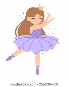 Dancing cute princess ballerina in a purple dress. Flat vector illustration.