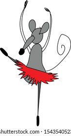 Dancing cute rat in a red tutu. Funny mouse cartoon collection. Doodle, sketch, vector illustration, hand drawing on white background. Christmas, New Year, Dance Day, Birthday post card, greeting.