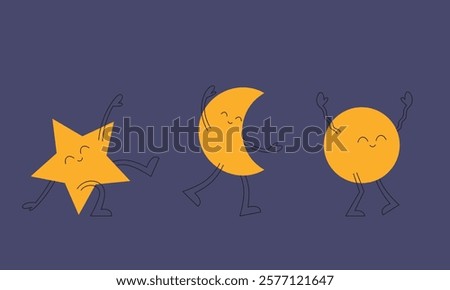 Dancing cute star, crescent and sun. Characters in linear flat style.